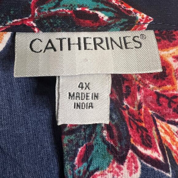 Catherines Womens Blouse 4X Navy Red Floral Button Front 3/4 Sleeves Plus Size - Picture 4 of 6